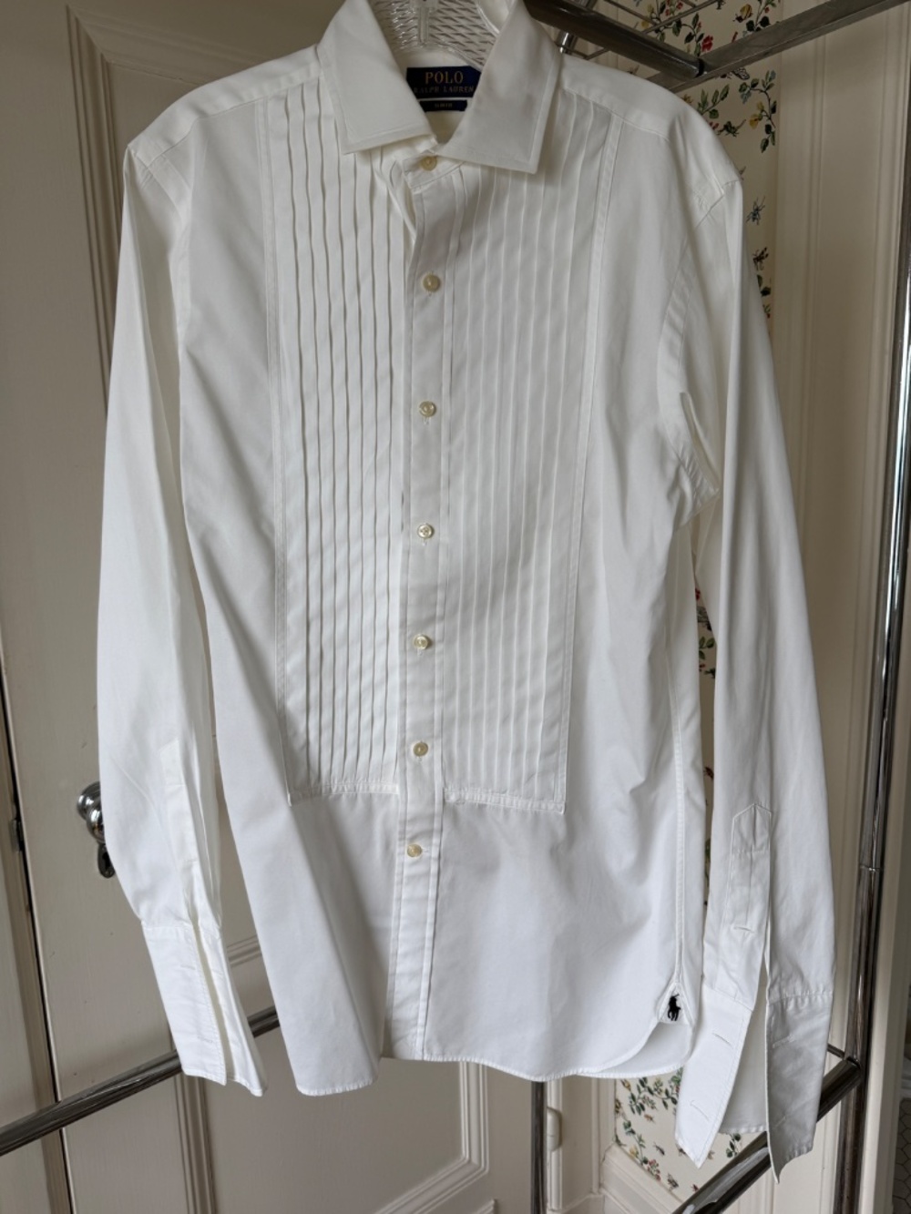 Polo Ralph Lauren White Pleated Front Tuxedo Dress Shirt Black Pony Logo Sz15/38 - Picture 2 of 5